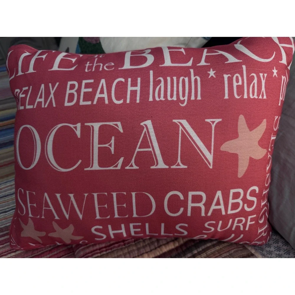 Coastal Reversible Starfish Beach Typography Throw Pillow Coral Red White 18x14